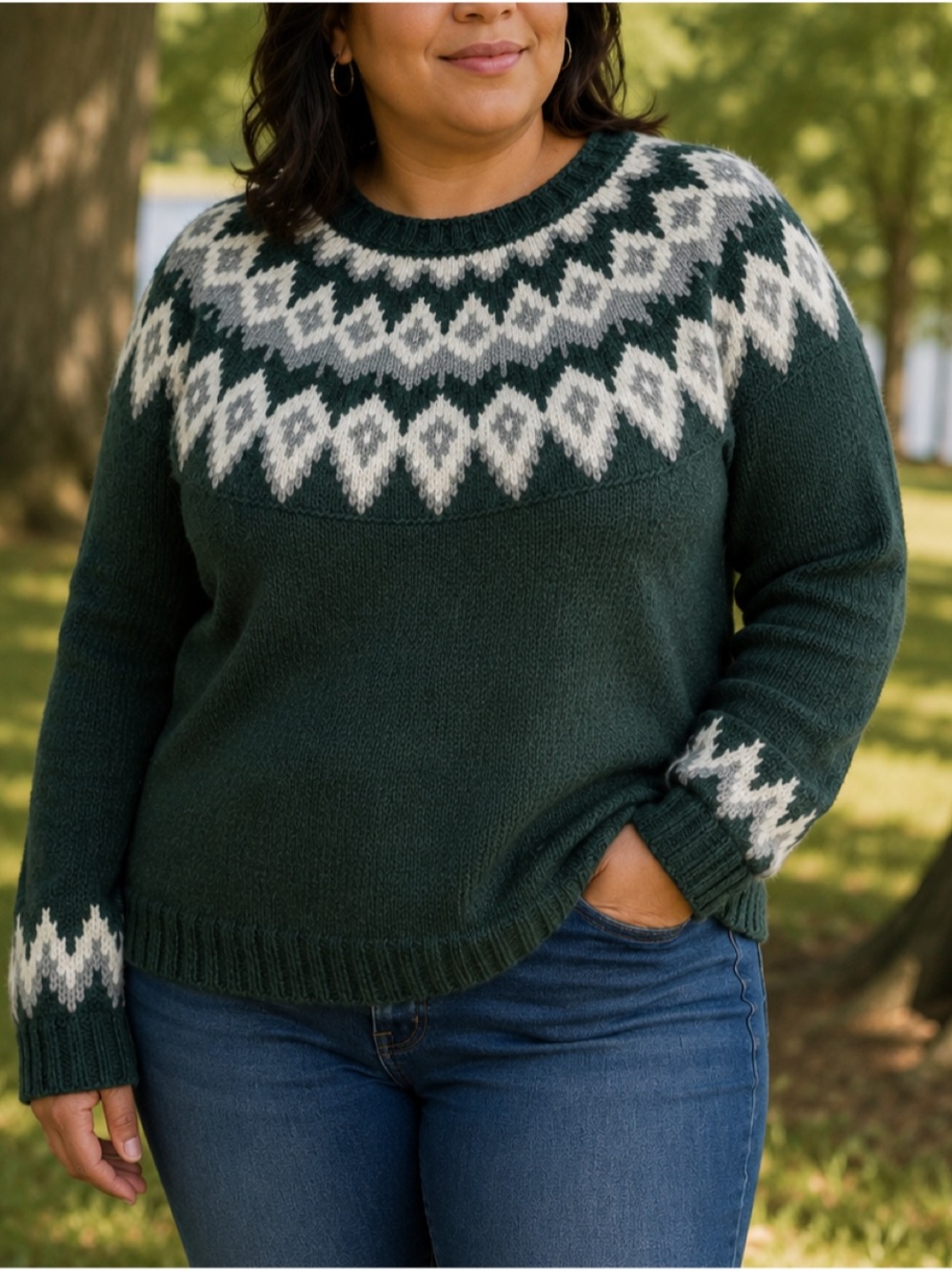 L.L.Bean Womens XL Lambswool Fair Isle Nordic Sweater Green Crewneck Wool
